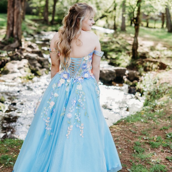 Princess Diaries Dresses & Skirts - Blue lace prom dress with multicolored flowers sewn on.
